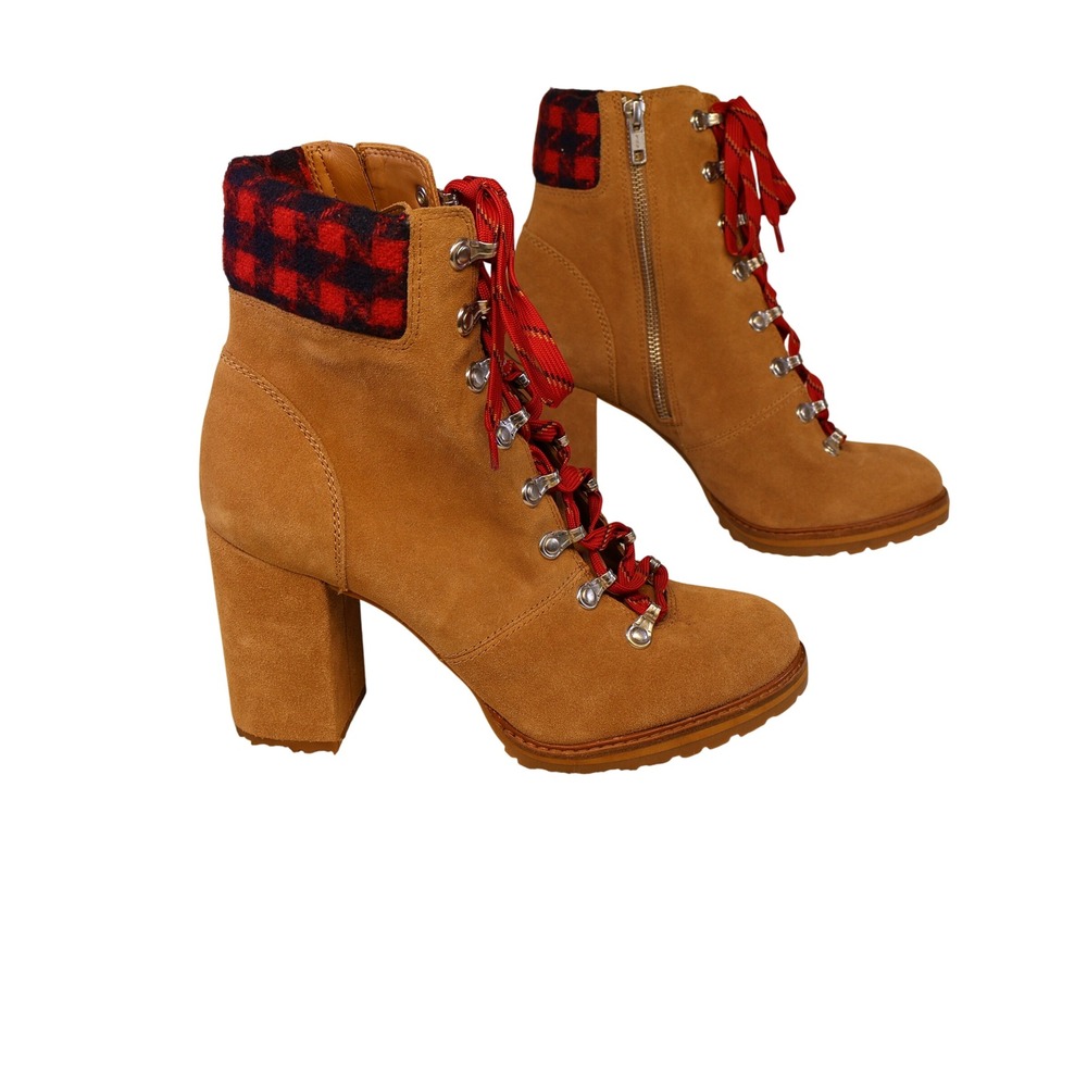 Gianni Bini Women 10M Ankle Boots Tan Suede Plaid Lace Up Lug Block Heel